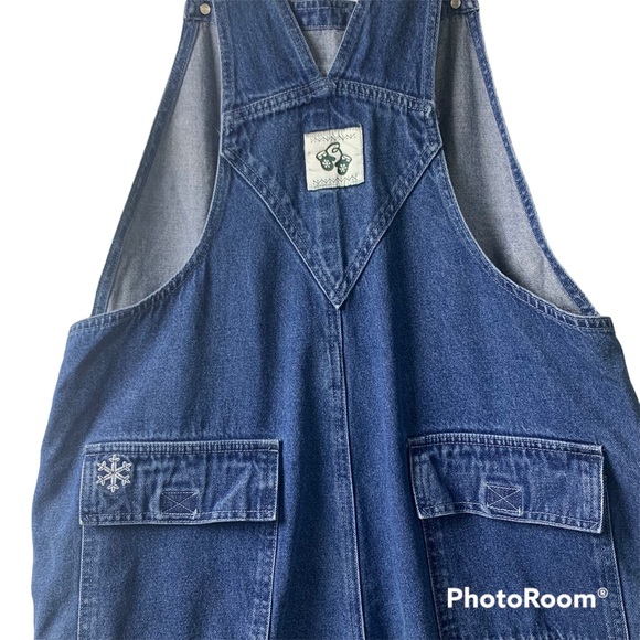 Disney Store Denim Overalls Women’s Size Lrg Winnie the Pooh Eeyore Snowflakes - Picture 8 of 9